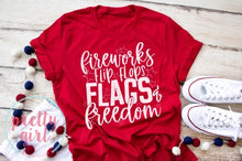 Load image into Gallery viewer, Fireworks flip flops flags and freedom ADULT TSHIRT
